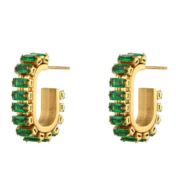 Emerald Green Zircon Baguette PVD 18K Gold Plated J Shape Hoop Earrings - Picture 7 of 7